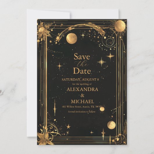 Celestial Midnight Black Stars Maan Bruiloft Save The Date (Voorkant)