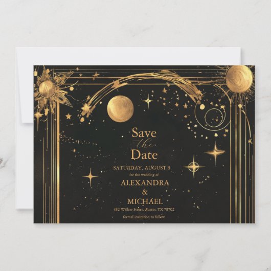 Celestial Midnight Black Stars Maan Bruiloft Save The Date (Voorkant)