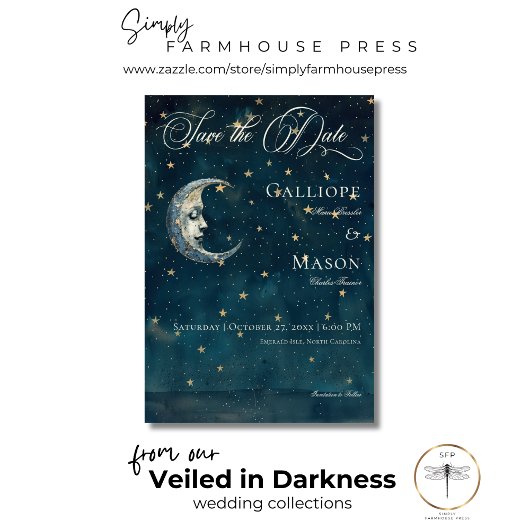 Celestial Midnight Blue Crescent Moon Bruiloft Save The Date