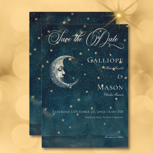 Celestial Midnight Blue Crescent Moon Bruiloft Save The Date