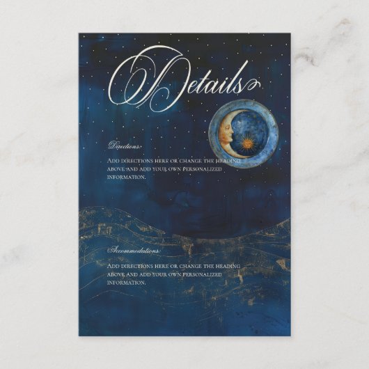 Celestial Midnight Blue Crescent Moon Details Informatiekaartje (Voorkant)
