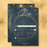 Celestial Midnight Blue Crescent Moon Diner RSVP Kaartje<br><div class="desc">Stap in een dromerig hemelrijk met onze betoverende -thema trouwreactiekaart met dineropties. Geïnspireerd door de mysteries van de kosmos, heeft ons ontwerp een middernacht blauwe achtergrond versierd met delicate gouden sterren, waardoor een betoverende hemelhorizon ontstaat. Een sierlijke ivoren halve maan siert de hemel en voegt een vleugje tijdloze elegantie toe....</div>