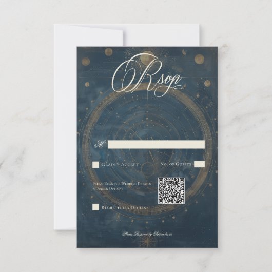 Celestial Midnight Blue Crescent Moon QR Code RSVP Kaartje (Voorkant)