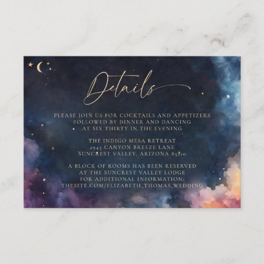 Celestial Midnight Blue Elegant Wedding Details Informatiekaartje (Voorkant)