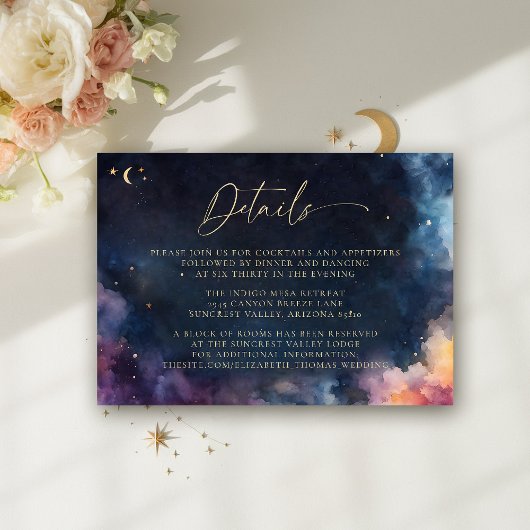 Celestial Midnight Blue Elegant Wedding Details Informatiekaartje