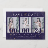 Celestial Midnight Blue en Gold Quinceanera Save The Date (Voorkant)