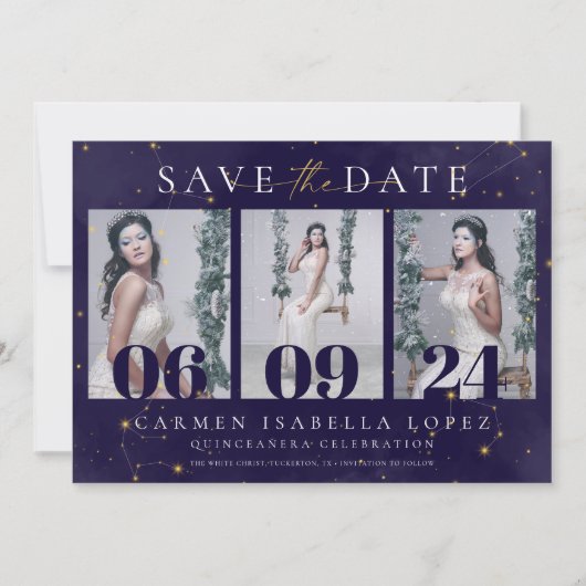Celestial Midnight Blue en Gold Quinceanera Save The Date (Voorkant)