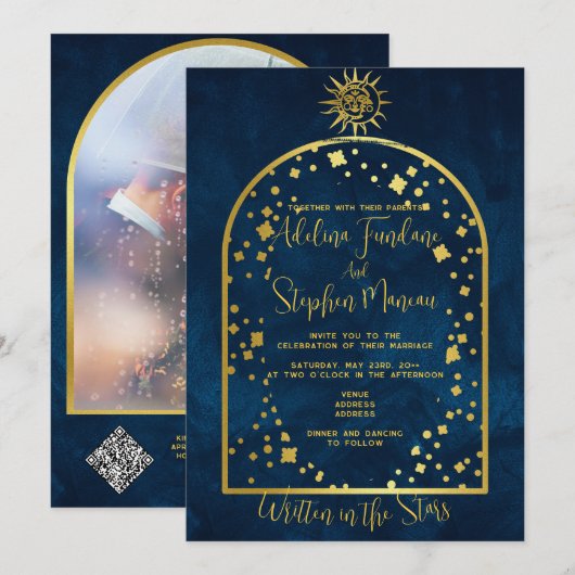 Celestial Midnight Blue Gold Star Moon Sun Bruilof Kaart (Voorkant / Achterkant)