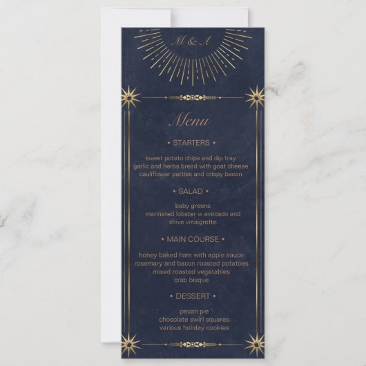 celestial midnight blue gold Wedding Dinner Menu Kaart (Voorkant)