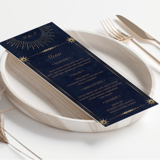 celestial midnight blue gold Wedding Dinner Menu Kaart