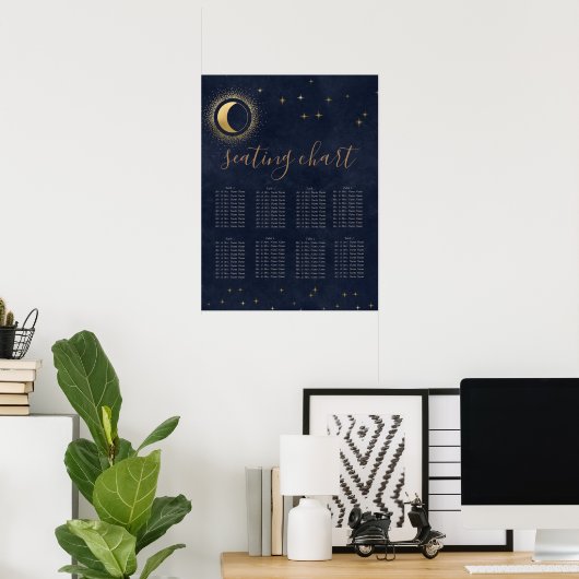 Celestial Midnight Blue Gold Zitplaatskaart Poster (Thuiskantoor)