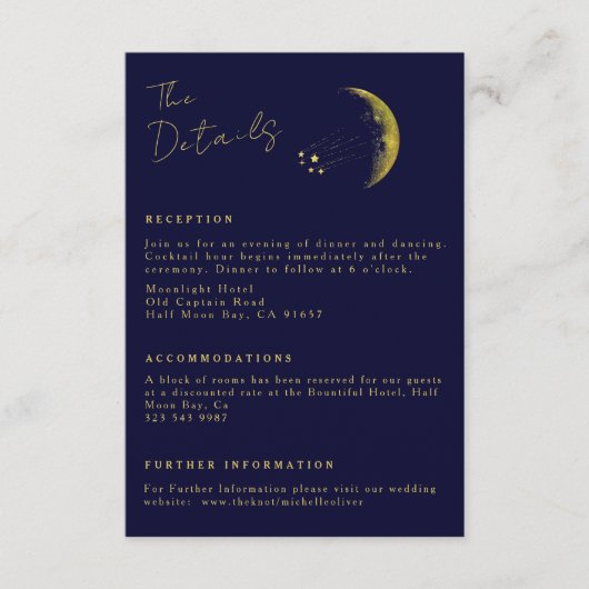 Celestial Midnight Blue Gouden Halve Maan Bruiloft Informatiekaartje (Voorkant)