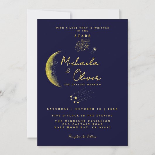 Celestial Midnight Blue Gouden Halve Maan Bruiloft Kaart (Voorkant)