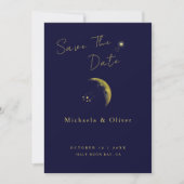 Celestial Midnight Blue Gouden Halve Maan Bruiloft Save The Date (Voorkant)