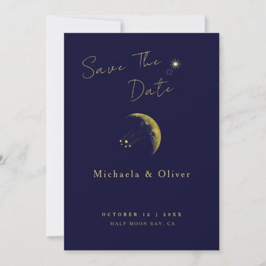 Celestial Midnight Blue Gouden Halve Maan Bruiloft Save The Date (Voorkant)