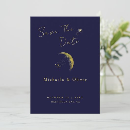 Celestial Midnight Blue Gouden Halve Maan Bruiloft Save The Date (Staand voorkant)