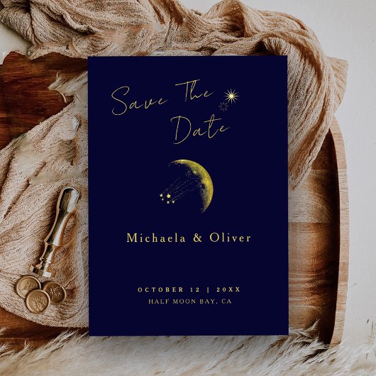 Celestial Midnight Blue Gouden Halve Maan Bruiloft Save The Date