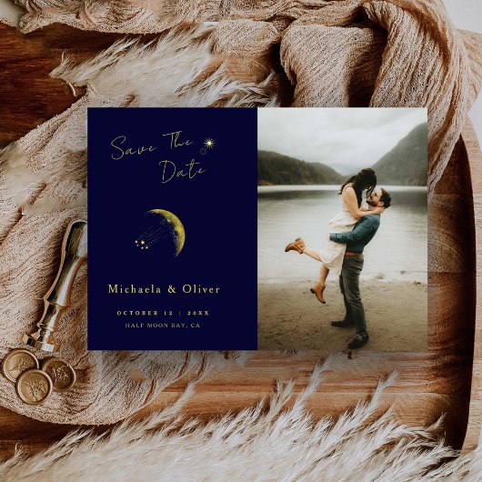 Celestial Midnight Blue Gouden Maan Foto Bruiloft Save The Date