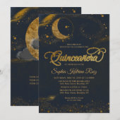 Celestial Midnight Blue Gouden Ster Maan Quinceane Kaart (Voorkant / Achterkant)