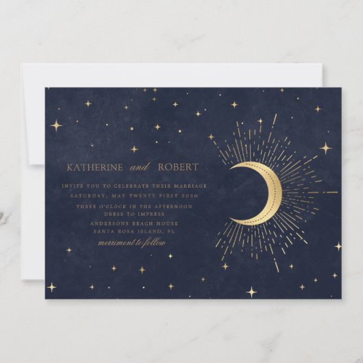 Celestial Midnight Blue Gouden Sterren Bruiloft Kaart (Voorkant)