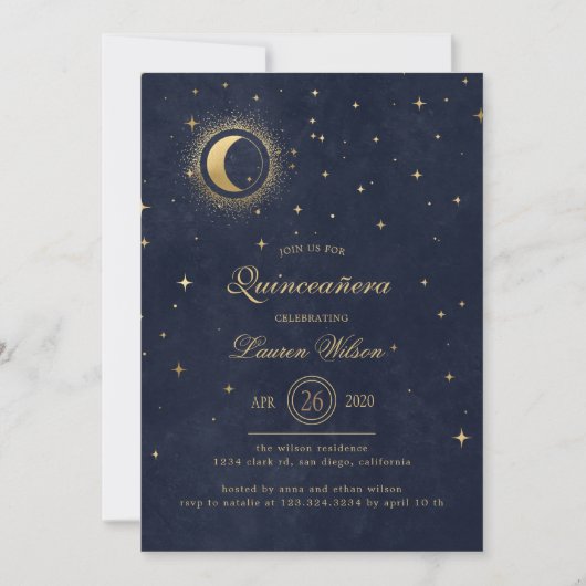 Celestial Midnight Blue Gouden Sterren Quinceanera Kaart (Voorkant)