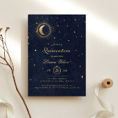 Celestial Midnight Blue Gouden Sterren Quinceanera Kaart
