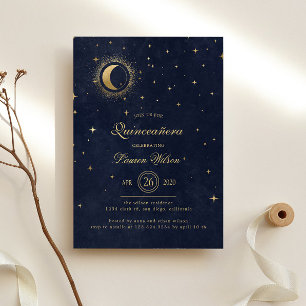 Celestial Midnight Blue Gouden Sterren Quinceanera Kaart