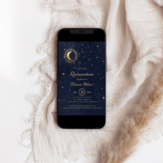 Celestial Midnight Blue Gouden Sterren Quinceanera Kaart