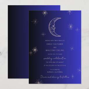 Celestial Midnight Blue Maan Sterren Bruiloft Kaart