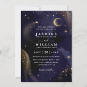 Celestial Midnight Blue Stars Moon QR Code Wedding Kaart (Voorkant)