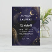 Celestial Midnight Blue Stars Moon QR Code Wedding Kaart (Staand voorkant)