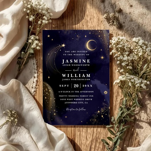 Celestial Midnight Blue Stars Moon QR Code Wedding Kaart