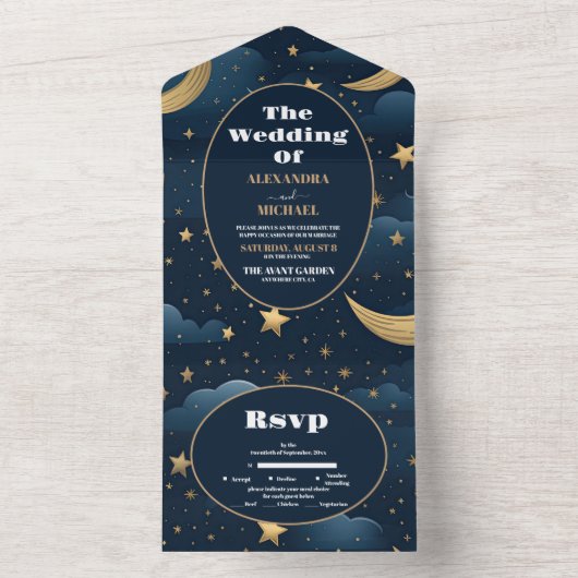 Celestial Midnight Blue Sterren Maan Bruiloft All In One Uitnodiging (Binnen)