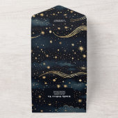 Celestial Midnight Blue Sterren Maan Bruiloft All In One Uitnodiging (Buitenkant)