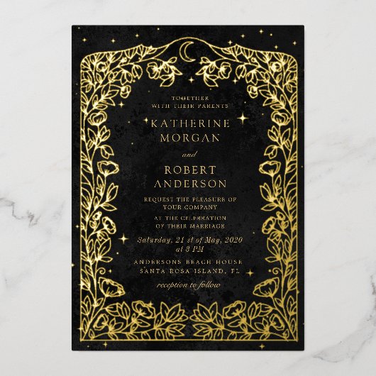 Celestial Midnight Blue Sterren Maan Bruiloft Folie Uitnodiging (Voorkant)