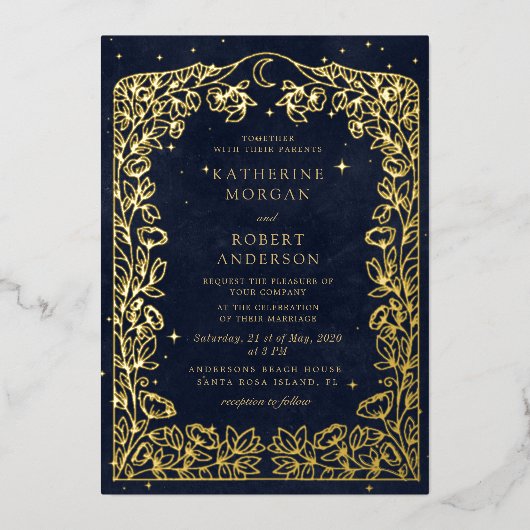 Celestial Midnight Blue Sterren Maan Bruiloft Folie Uitnodiging (Voorkant)