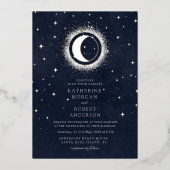 Celestial Midnight Blue Sterren Maan Bruiloft Folie Uitnodiging (Voorkant)