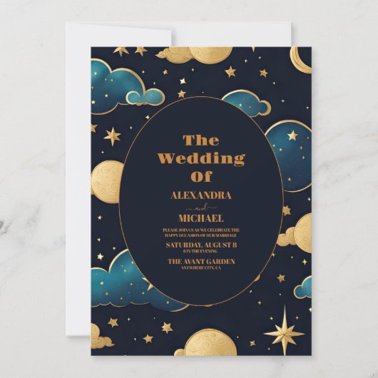 Celestial Midnight Blue Sterren Maan Bruiloft Kaart (Voorkant)