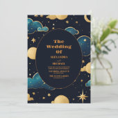 Celestial Midnight Blue Sterren Maan Bruiloft Kaart (Staand voorkant)