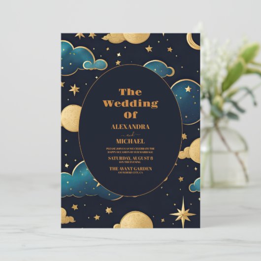 Celestial Midnight Blue Sterren Maan Bruiloft Kaart (Staand voorkant)