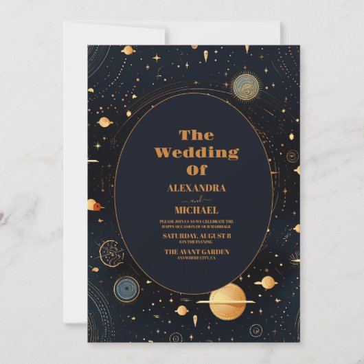 Celestial Midnight Blue Sterren Maan Bruiloft Kaart (Voorkant)