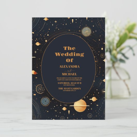 Celestial Midnight Blue Sterren Maan Bruiloft Kaart (Staand voorkant)