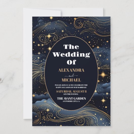 Celestial Midnight Blue Sterren Maan Bruiloft Kaart (Voorkant)