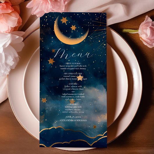 Celestial Midnight Blue Sterren Maan Bruiloft Menu