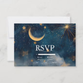 Celestial Midnight Blue Sterren Maan Bruiloft RSVP Kaartje (Voorkant)