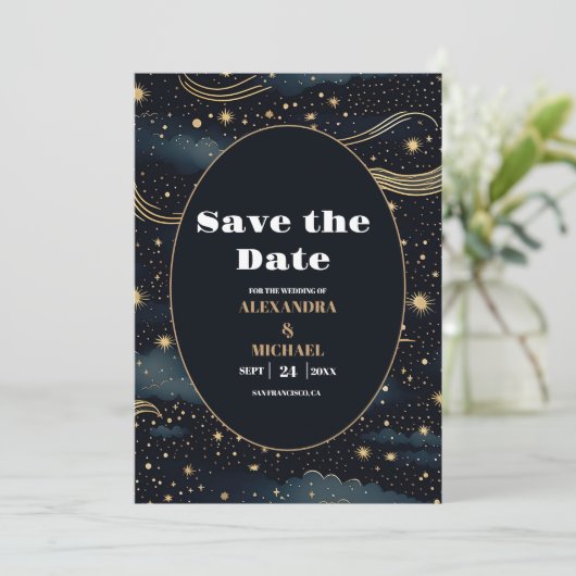 Celestial Midnight Blue Sterren Maan Bruiloft Save The Date (Staand voorkant)