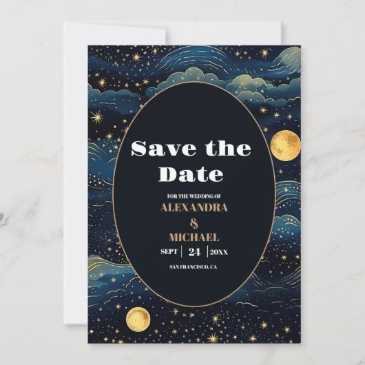 Celestial Midnight Blue Sterren Maan Bruiloft Save The Date (Voorkant)
