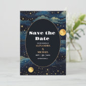 Celestial Midnight Blue Sterren Maan Bruiloft Save The Date (Staand voorkant)