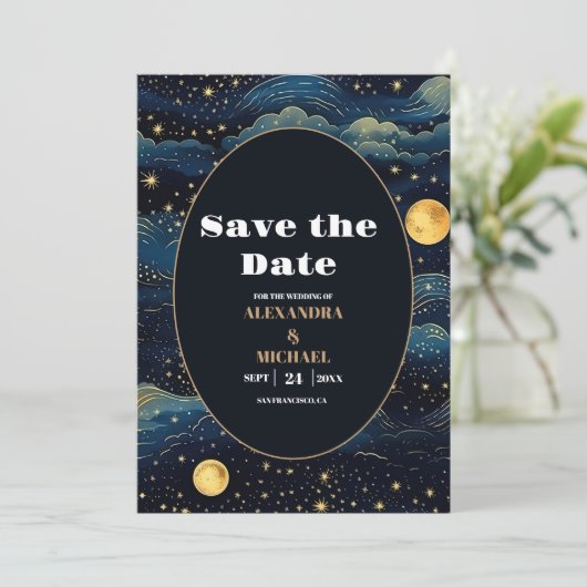 Celestial Midnight Blue Sterren Maan Bruiloft Save The Date (Staand voorkant)