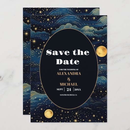 Celestial Midnight Blue Sterren Maan Bruiloft Save The Date (Voorkant / Achterkant)